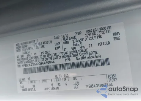 2016 Ford Transit-350 Xl из США, поврежденный, VIN 1FBZX2YM9GKA50064